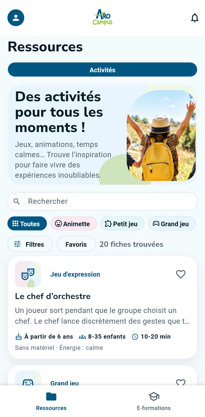 L’onglet Activités d’Aro Campus avec la recherche, les catégories Animette, Petit jeu et Grand jeu, et la fiche Le chef d’orchestre